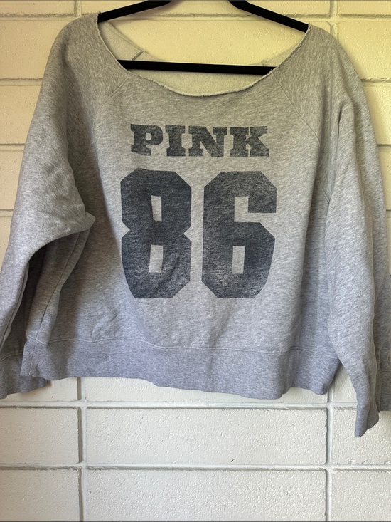 PINK Victoria's Secret Sweaters - PINK Victoria's Secret Light Gray Scoop-Neck Sweatshirt with '86' Graphic